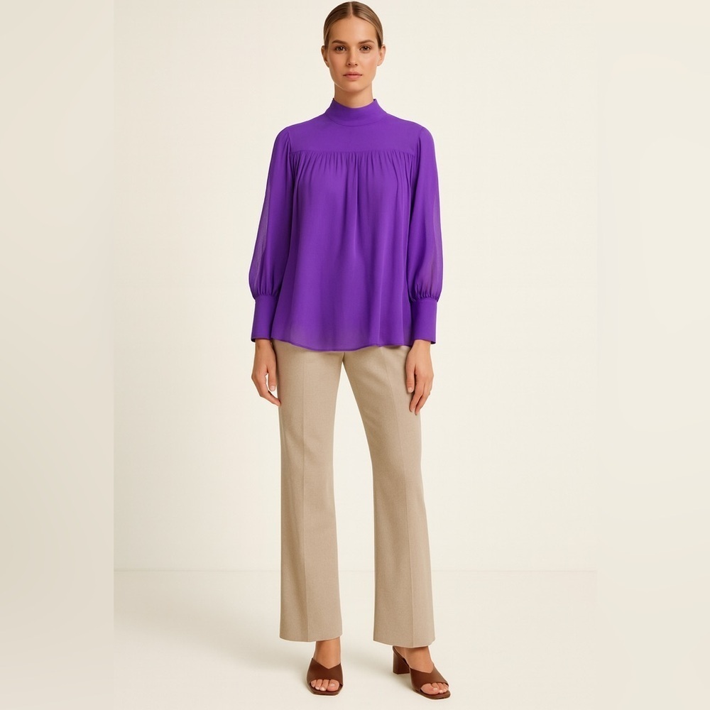 Massimo Dutti purple 100% silk long sleeve blouse with fold over collar. Size 10